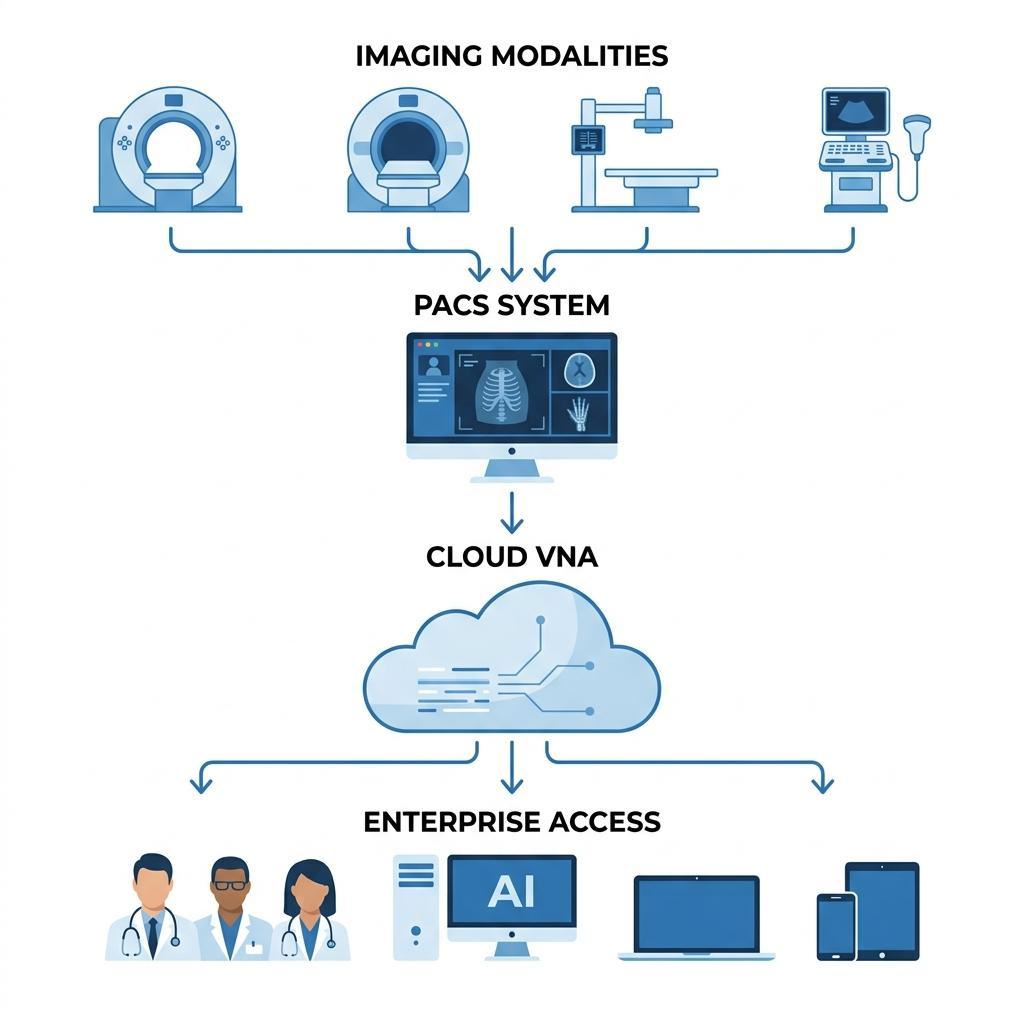 Hybrid PACS and Cloud VNA architecture showing imaging workflow from acquisition to enterprise access - PostDICOM